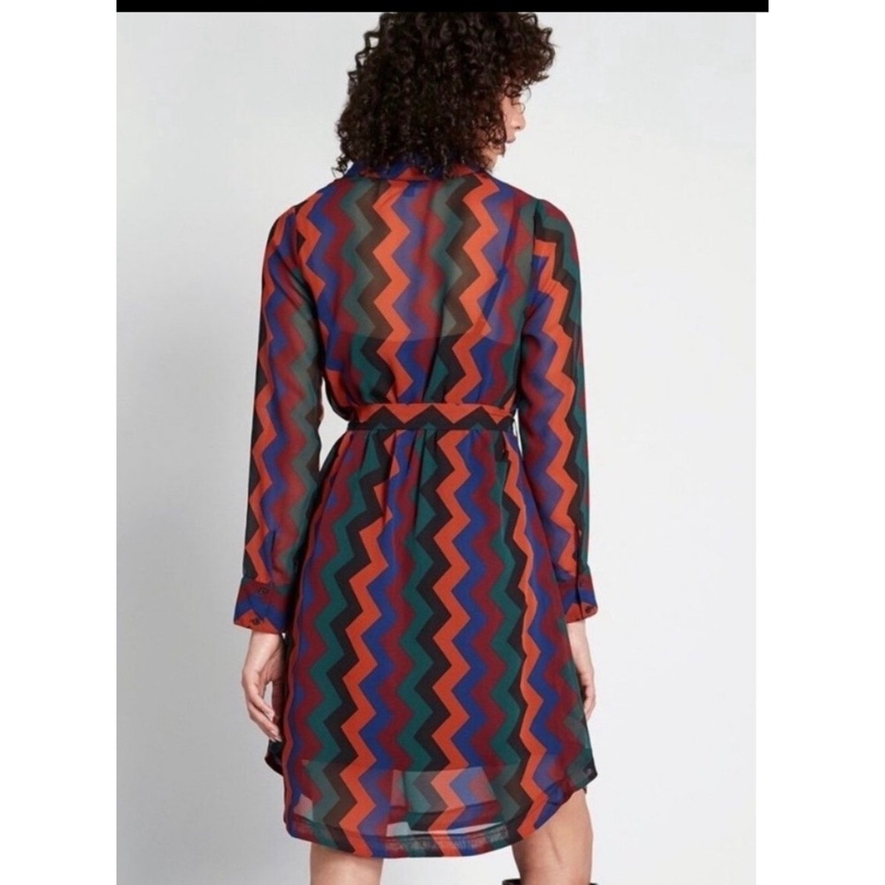 ModCloth Chevron Shirt Dress XL Multicolor Zig Zag Retro Long Sleeve Belted NEW - Picture 2 of 14